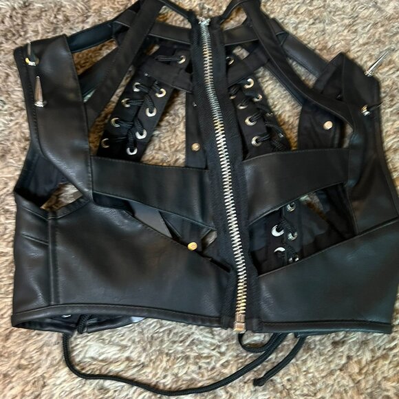 Club Exx by Dolls Kill Spiked Cut Out Rude Awakening Bra Top - Picture 3 of 3